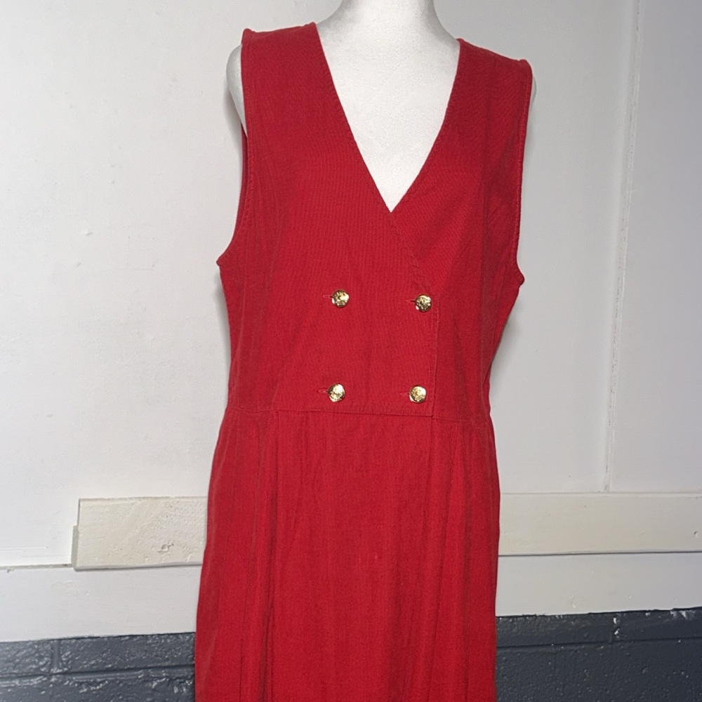 Vintage Talbots Red Corduroy Jumper Dress With Go… - image 2